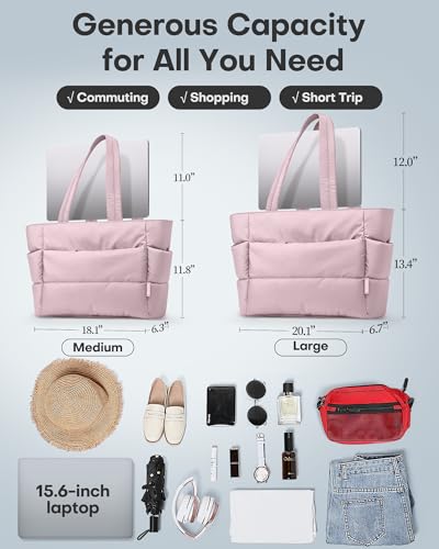 HOTOR Puffer Tote Bag for Women, Nurses - Multi-Pocket Lightweight Bag for Work - Quilted Handbag for Travel and Gym - color: Pink, size: 18.1" × 6.3" × 11.8"