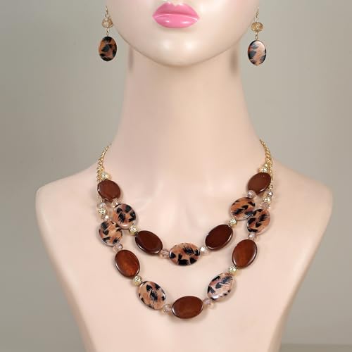 2 Layered Chunky Beaded Shell Necklace for Women Sea Shell blue/yellow/red/green/turquoise/teal/white Statement Necklace and Earring Set Elegant Women Necklace Set Jewelry Sets for Women - color: Teal Green
