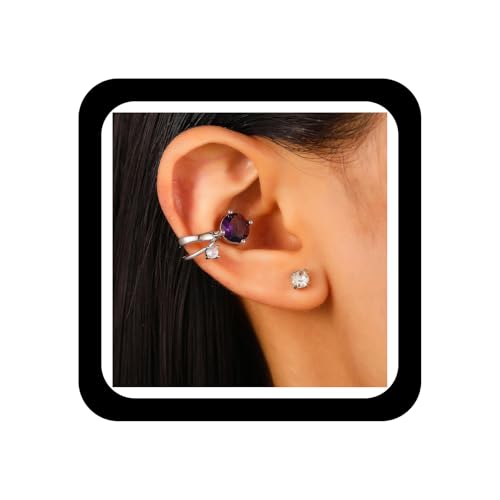 Cubic Zirconia Ear Cuff Non-Piercing CZ Clip on Earrings Round Crystal Stud Earrings Silver Cartilage Hypoallergenic Earrings Set Party Prom Jewelry for Women - color: Purple