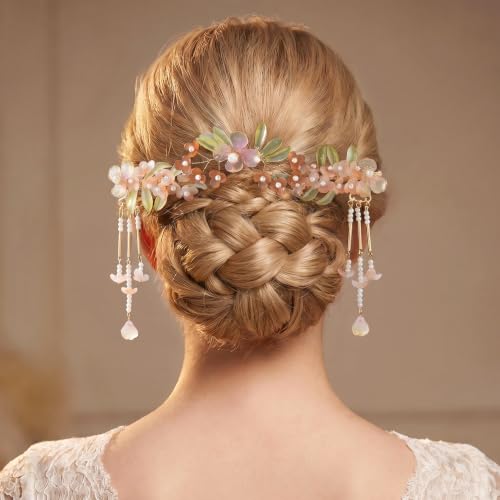 HINZIC 5pcs Pearl Flower Tassels Hairpin Set for Women, Red | Non-Slip, 2pcs Earrings Inclued, Alloy Made, Adorned with Rhinestones and Pearl, for Wedding, Brides, Parties, for Long Hair - color: Red