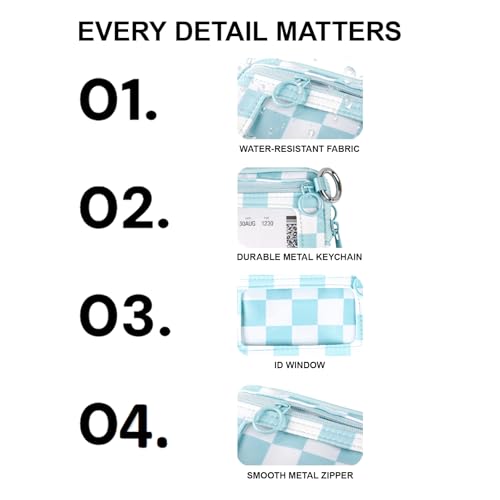 Wristlet Wallet for Women Mini Zip Card Case with Clear ID Window Zipper Coin Purse Lightweight Portable Keychain Wallet - color: Blue Lattice