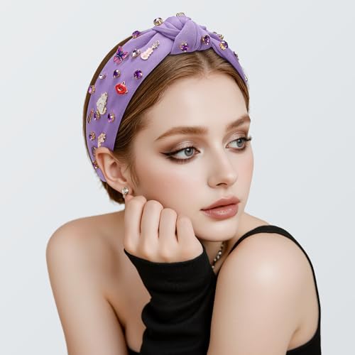 WantGor Pearl Knotted Headband, Women Rhinestone Embellished Hairband Elegant Wide Top Knot Bride Headbands Headpieces Party Fashion Elegant Ladies Hair Band Hair Hoop Accessories (Light Purple) - color: Light Purple