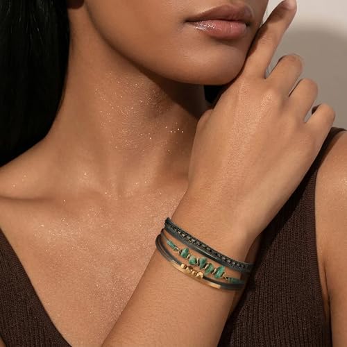 LOWNOUR Boho Bracelets for Women 3pcs Leather Bracelet for Women Western Jewlery Leopard Multi-Layer Crystal Beads Stone Leather Cuff Wrap Bracelets