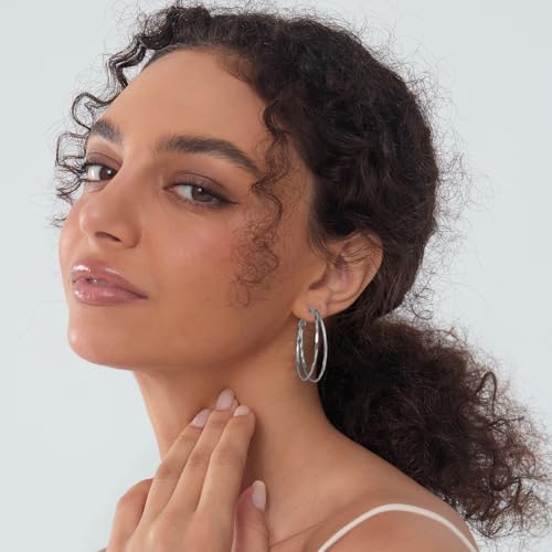 Diamond-Cut Double Hoop Earrings for Women 14k Gold Plated 925 Sterling Silver Posts Lightweight Hypoallergenic Split Hoop Earrings Trendy Jewelry Gifts for Women - color: SILVER