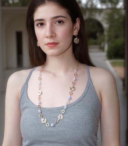 Long Gold Necklaces for Women Dainty Natural Stone Beaded Gold Necklace Mothers Day Gifts Boho Gold Costume Jewelry for Women - color: Light Grey Blue