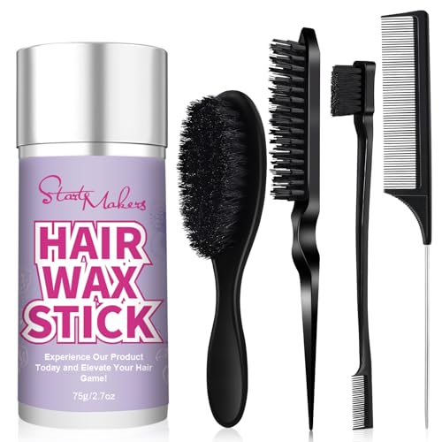 START MAKERS Hair Wax Stick and Slick Back Hair Brush Set for Women Kids Men 5PCS, with Edge Brush, Teasing Brush, Rat Tail Comb & Mini Boar Bristle Brushes for Flyaways, Control, Sleek, Ponytail Buns