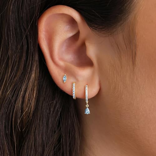14K Gold Plated Small Huggie Hoop Earrings Set for Women, Hypoallergenic Dainty Sterling Silver Dangle Studs for Cartilage Helix, Lightweight Trendy Cute Stack Birthstone Jewelry Gift - color: 03_Aquamarine_Mar_Gold