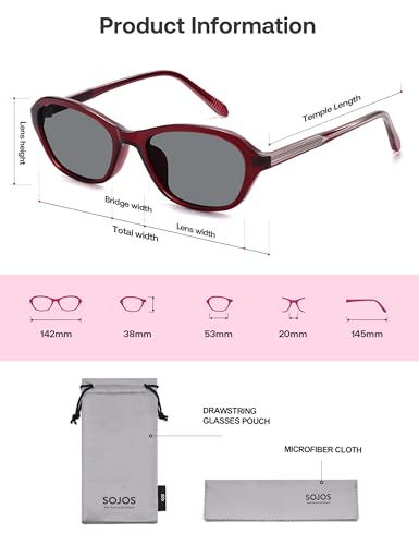 SOJOS Retro Oval Sunglasses for Women Trendy Cat Eye Narrow Chic Y2K 90s Sunnies SJ2685 - color: Burgundy/Grey