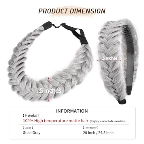 2PCs Braided Headband with teeth Handmade Messy Wide Synthetic Hair Elastic Stretch Fluffy Hairpiece for Brides (Smoky Gray) - color: Smoky Gray