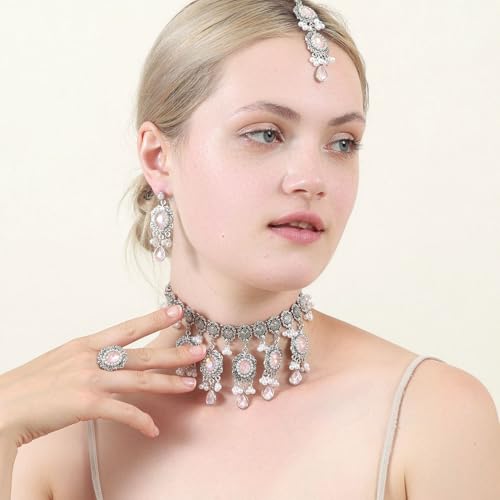 Luxury Waterdrop Rhinestone Pearls Tassel Charm Necklace Earrings Ring Maang Tikka Jewelry 4PCS Set Oxidized Antique Silver Flower Choker Ethnic Indian Retro Crystal Bollywood Bridal Wedding for Women - color: Pink