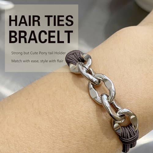 Brown Hair Ties Bracelets No Damage, Soft Elastic Ponytail Holders Hair Ties with Silver Jewelry for Girls Womens Cute Stretchy Hair Tie Accessories for Women Gifts (DK Brown with Silver) - color: DK Brown-04