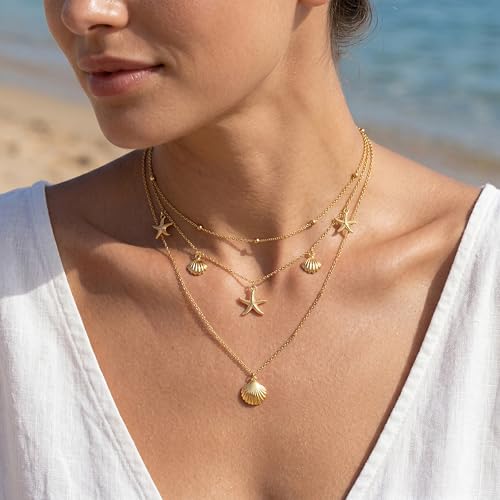WomenGifts Layered Gold Necklaces for Women, 14K Gold Sterling Silver Plated Dainty Pendant Necklace Set Non Tarnish, Chunky Stackable Cuban Chain Choker, Trendy Birthstone Vacation Jewelry Gift - color: Gold, style: Starfish