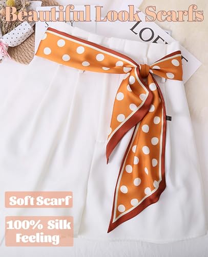 kcctoo 59" Mulberry Silk Like Head Scarf Women's Fashion Square Neck Satin Scarfs for Bag Hair Scarves Gift 59 * 5.9” - color: A001-orange White Spots /59"x5.9"