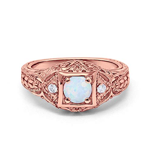 Blue Apple Co. Art Deco Ring Round Cubic Zirconia Leaf Filigree Design Split Shank Twisted Band Bridal Statement Wedding Engagement Rings For Women 925 Sterling Silver Gifts For Her - color: Rose Tone, Lab White Opal