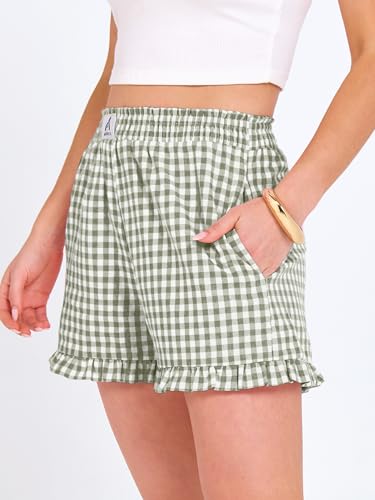 ANRABESS Boxer Shorts for Women,Gingham Plaid Elastic Waist Ruffle,Perfect for Lounge,Pajama&Sleep,Cute Casual Summer Bottoms - color: Army Green White Plaid, size: Large