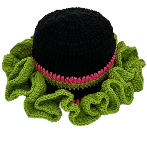 Handmade Crochet Bucket Hat for Women Boho Chic Slouchy Design Colorblock Ruffled Brim Festival&Daily Crochet Hat - color: Black Crown Green