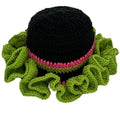 Handmade Crochet Bucket Hat for Women Boho Chic Slouchy Design Colorblock Ruffled Brim Festival&Daily Crochet Hat - color: Black Crown Green