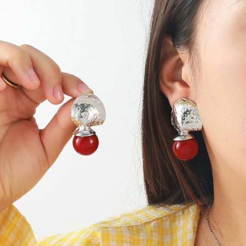 Red Ball Dangle Earrings for Women Boho Hammered Round Circle Bead Statement Charms Drop Earrings Fashion Christmas Holiday Festival Dress Accessories Jewelry Gifts - color: Silver