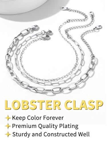 ChainsHouse Ankle Bracelets for Women, Stainless Steel Chain Anklets Waterproof, Women Summer Beach Jewelry Gift, Come with Box - color: 03. 3Pcs-(2+3+6mm)-Paperclip-Steel