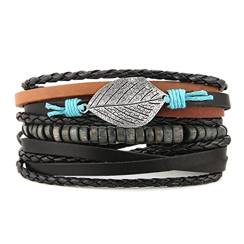 HZMAN Wrap Bracelets Men Women, Hemp Cords Wood Beads Ethnic Tribal Bracelets, Leather Wristbands - style: Leaves