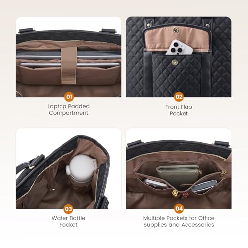 LOVEVOOK Laptop Tote Bag for Women 15.6 Inch,Waterproof Computer Bag for Laptop for Womens,Quilted Travel Work Tote Bags for Women,Stylish Laptop Bag Purse with Luggage Sleeve for Teacher,Nurse,Office - color: Black(quilted)-2, size: 15.6 Inch