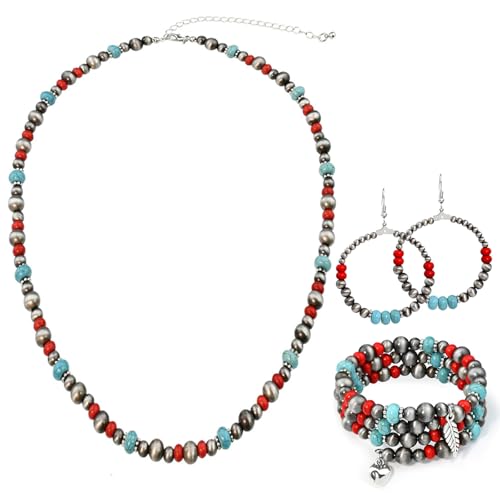4 PCS Western Turquoise Jewelry for Women Boho Vintage Navajo Pearl Necklace Earring Bracelet Ring Set Country Cowgirl Accessories for Gift - color: D-Blue（No Ring）