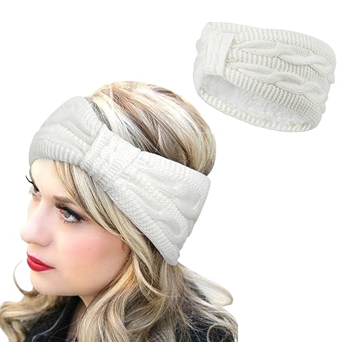 DRESHOW Crochet Ear Warmer Headband Soft Knit Chunky Turban Stretch Thick Headbands Warmer Fuzzy Head Wrap for Women - color: 1 Pc Double Twist: White
