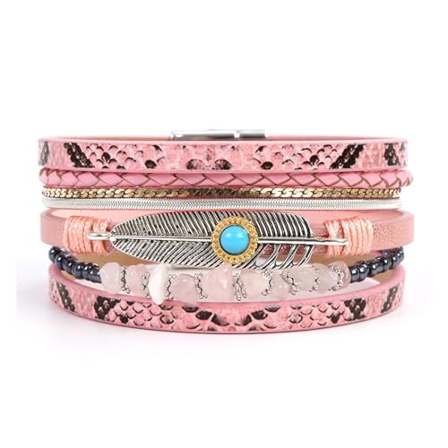 Long tiantian Boho Leather Wrap Bracelets Western Bracelets for Women Stackable Starfish Crystal Pearl Turquoise Leather Bracelet With Clasp Jewelry Gifts Boho Dresses - color: A7:Pink Bracelet
