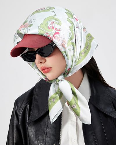 AWAYTR 27.5” Square Satin Head Scarf Hair Scarf for Women's Hair Silk Bandana for Women Silk Head Wrap for Sleeping - color: Flowers (Light Green)