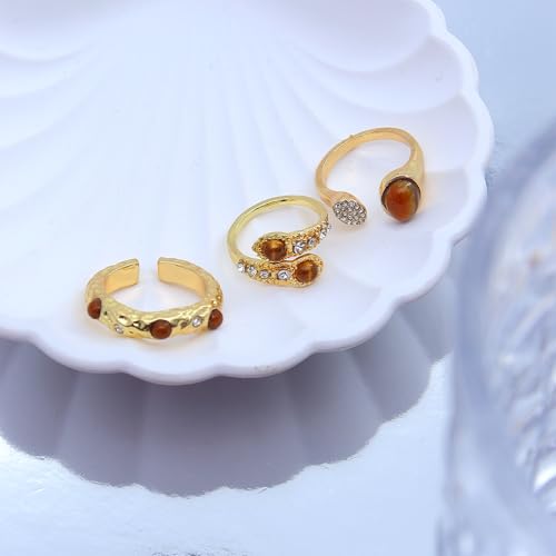 3Pcs Tiger Eye Stone Rings Set,Vintage Tiger Eye Stone Knuckle Rings,Sparkling Rhinestone Adjustable Rings Brown Jewelry