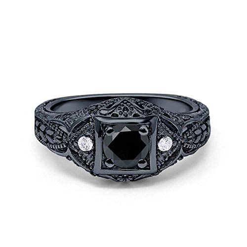 Blue Apple Co. Art Deco Ring Round Cubic Zirconia Leaf Filigree Design Split Shank Twisted Band Bridal Statement Wedding Engagement Rings For Women 925 Sterling Silver Gifts For Her - color: Black Tone, Simulated Black CZ