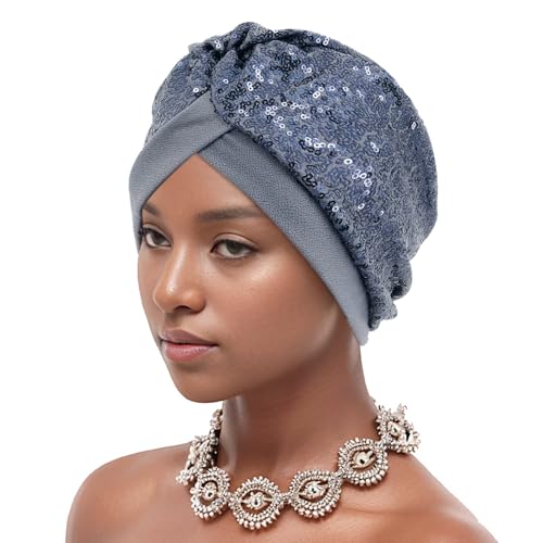 Erinaco Women Sparkle Sequin African Turban Bow Knot Pre-Tied Cap Pleated Ruffle Bonnet Beanie Hat Headwrap Skull Caps - color: Sparkle Dark Grey