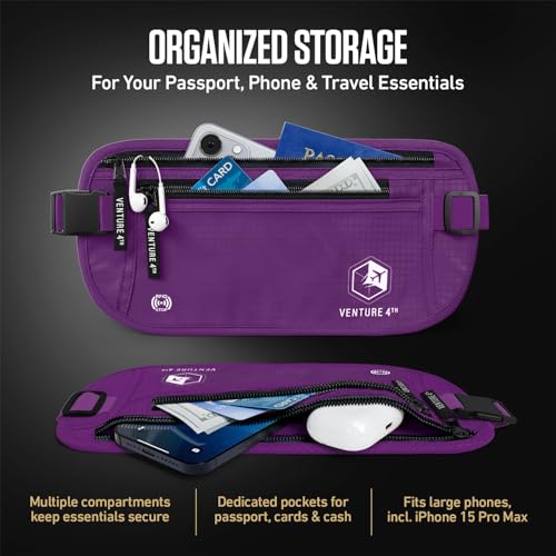 VENTURE 4TH Money Belt for Travel – Slim Hidden Under-Clothes RFID Blocking Anti-Theft Passport Holder & Travel Wallet Pouch for Men & Women to Protect Cash, Cards & Documents (Purple) - color: Purple