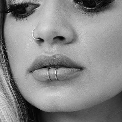 MODRSA Fake Nose Stud Fake Nose Ring Stud Fake Nose Piercing Fake Lip Ring Fake Earrings Stud Silver Gold Fake Cartilage Helix Earring Clip on Earring Hoop Fake Eyebrow Ring Fake Bridge Piercing - color: C2-hoops- silver black