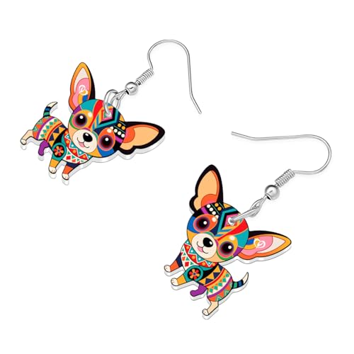 BONSNY Colorful Cute Chihuahua Dangle Earrings Mexican Folk Art Style Dog Pets Design Gifts for Chihuahua Lovers Women Fun Hypoallergenic Jewelry Accessories - color: Multicolor