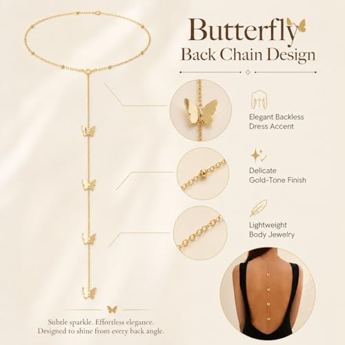 Back Necklace for Backless Dress Body Chain Jewelry for Women Adjustable Rhinestone Chain Necklace Bridal Jewelry for Weddings Summer Vacation - color: butterfly gold