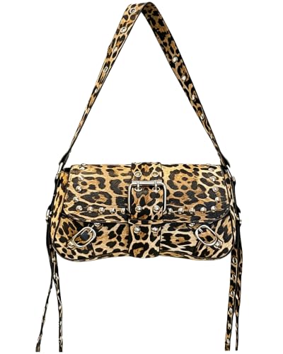 Y2K Trendy Purse for Women, Leather Buckle Punk Hobo Clutch Purses Bags for Ladies Top Handle Shoulder Bag - color: Leopard Print