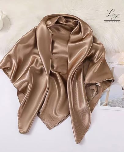 Hioyiwse Satin Square Scarf for Women Solid Color Emulation Silk Handkerchief Hair Ribbon Headband Handbag Purse - color: D9-coffee(23.6*23.6inch)