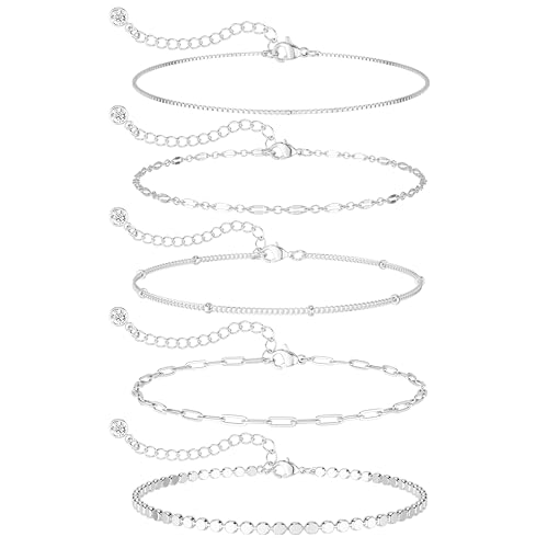 DEARMAY 14K Gold Plated Ankle Bracelets for Women Waterproof - Dainty 6Pcs Anklets Layered Cuban Link Chain Herringbone Cute Anklets Set Pack Summer Beach Jewelry Gift for Women Teen - color: Silver Anklet C