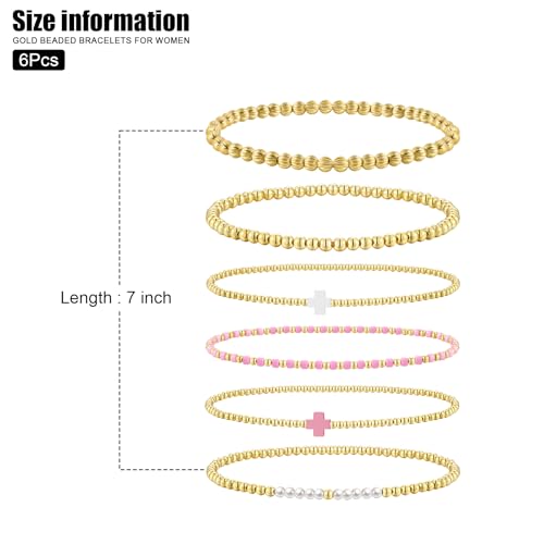 VIBILIA Gold Beaded Bracelets Set for Women 14K Gold Plated Dainty Pearl Cross Bracelet Stack Stretch Bracelet Set Fashion Accessories Gifts - color: 6P-Pink