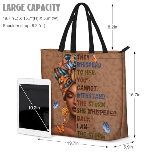 African American Women Tote Bag Black Shoulder Handbag For Women Fit Work Beach Labtops With Zip - color: Black Women 11