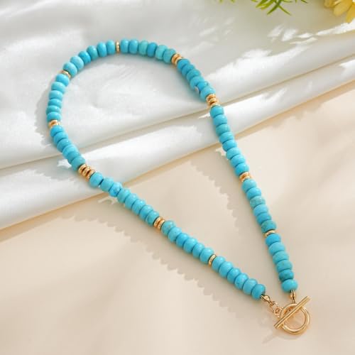 Colorful Beaded Necklace for Women Gemstone Bead Chokers Toggle Boho Natural Stone Surfer Necklaces Summer Beach Jewelry - color: C-Turquoise