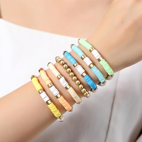 XIANNVXI 7pc Heishi Clay Bead Bracelets for Women Gold Plated Beaded Bohemian Stackable 6.8In Stretch Bracelets Elastic Layering Friendship Jewelry Boho Gift Set - color: Light Colors