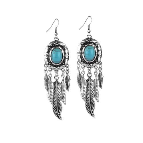 Boho Turquoise Drop Earrings Retro Long Copper Feather Tasse Metal Leaf Dangle Earrings Vintage Country Western Jewelry Cowgirl Ethnic Style Geometric Concert Festival Accessories for Women - color: Turquoise Feather