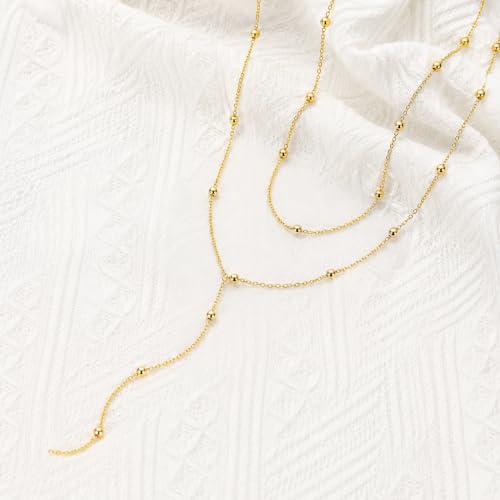Foxgirl Lariat Gold Necklace for Women, Dainty Long Necklace 14k Gold Plated/Silver Y-Shaped Pendant Necklace Trendy Layered Cz Beaded Chain Drop Necklaces Simple Gold Jewelry For Women Gift - color: Y Layered Bead Necklace-GD