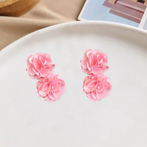 Oversized Fabric Flower Earrings for Women Statement Boho Chic Dangle Drop Earrings for Parties Weddings or Everyday Wear - color: Pink