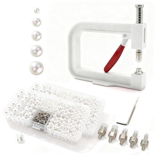 Pearl Setting Machine Hand Press Tools 2 Boxes White No Holes Pearl Beads with Rivet Studs Screw Heads L Hexagon Wrench for Decorating Clothes Hat Trousers Dresses Bag Hair Band DIY Crafts (White) - color: White