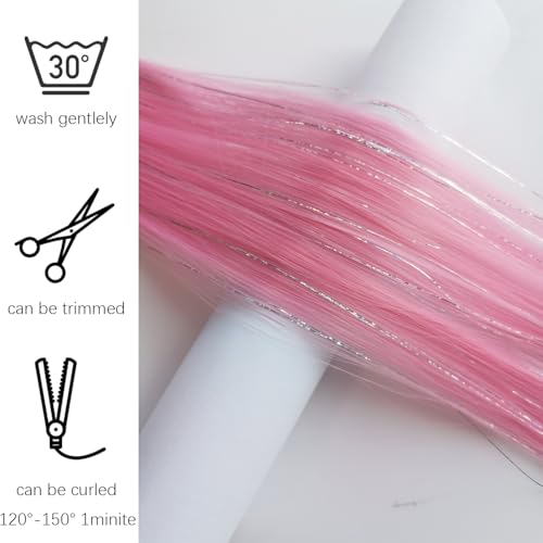 12pcs Clip in Pink Hair Extensions, 22 Inch Rainbow Hair with Silver Tinsels, Holiday Party Highlights - color: Pink