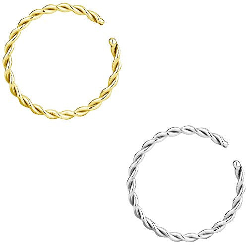 Forbidden Body Jewelry Nose Rings Set Surgical Steel Braided Hoops for Pierced and Fake Nose and Cartilage Piercings 14G-20G - style: 18g 10mm Silver/Gold Tone (2Pcs)