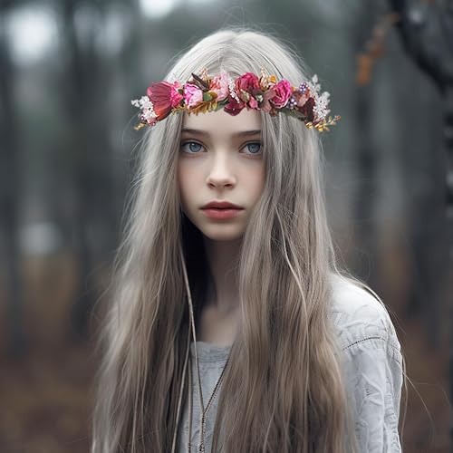 Vivivalue Wedding Flower Crown Adjustable Flower Headband Hair Wreath Floral Headpiece Halo Boho Party Prom Festival Photos - color: R